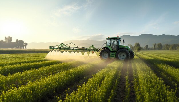 A tractor sprays an agricultural field with fertilizer