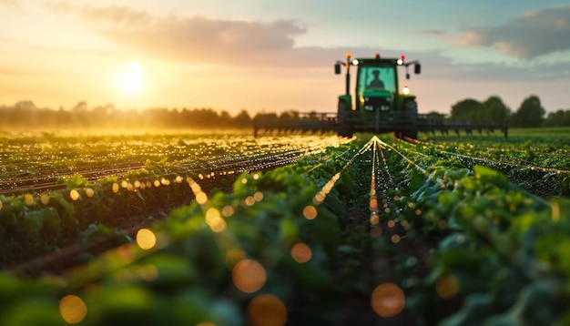 Foto tractor sprays pesticide fertilizer or water on a farm against the background of a beautiful sky