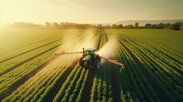 Photo tractor sprays pesticides on the field