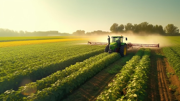 A tractor sprays soybeans on a field.