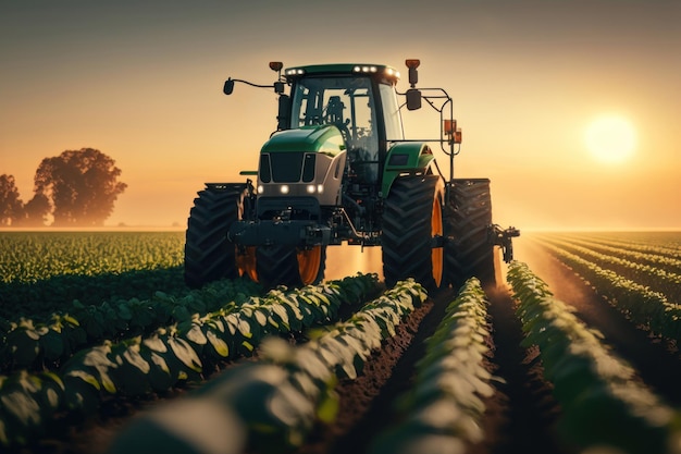 Tractor sproeit pesticiden op sojabonenveld bij Spring AI Generation