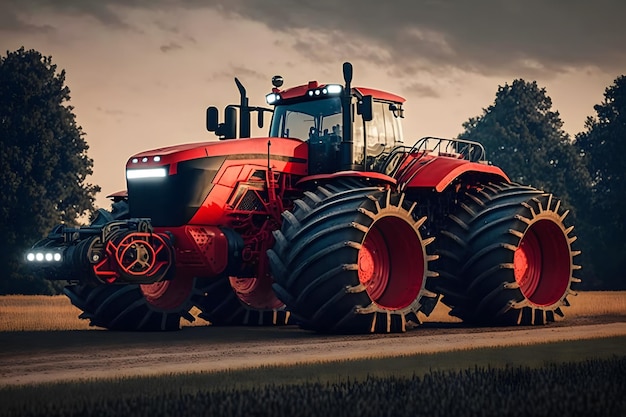 Tractor sproeit pesticiden op sojabonenveld met sproeier in de lente Neuraal netwerk AI gegenereerd