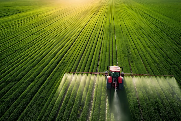 Tractor spuit pesticide op groen veld