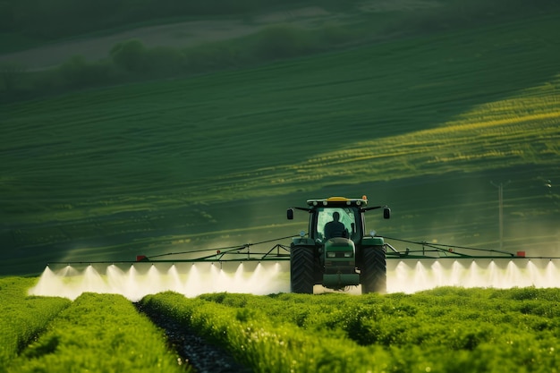 Tractor spuit pesticiden in een weelderig groen veld in de vroege ochtenduren