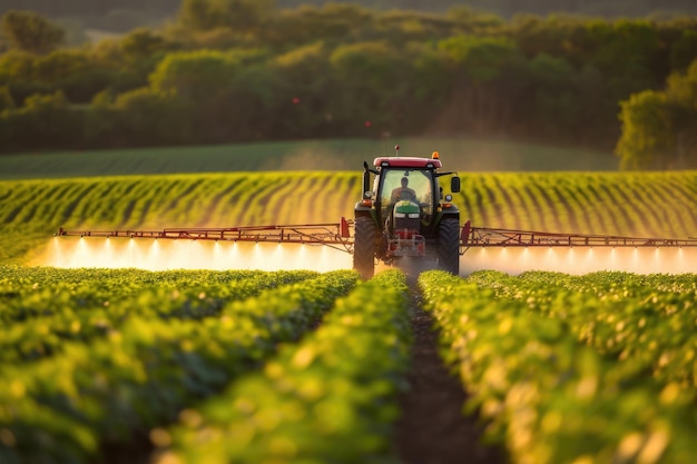 Tractor spuit pesticiden op een sojabonenveld