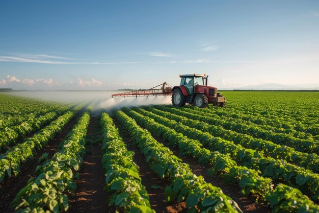 Tractor spuit pesticiden op een sojabonenveld