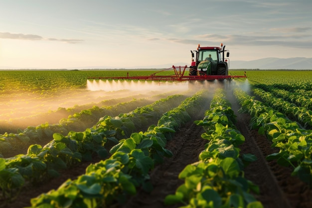 Tractor spuit pesticiden op een sojabonenveld