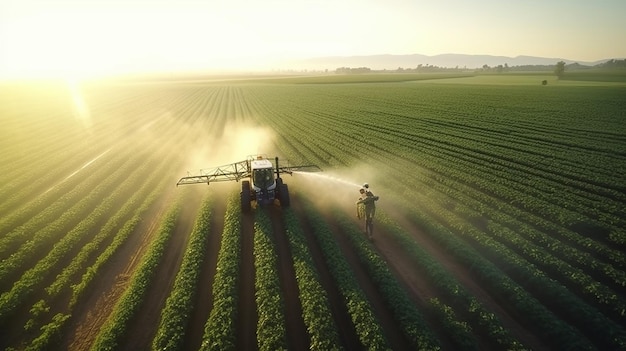 Tractor spuit pesticiden op het veld