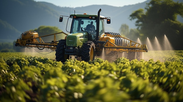 Tractor spuit pesticiden op sojabonenveld met een sproeier in het voorjaar