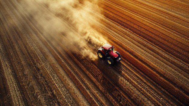 Tractor tilling soil at sunset on a large agricultural field