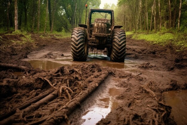 Tractor tire flat in muddy terrain created with generative ai