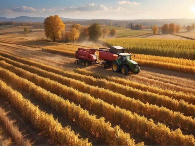 a tractor and trailer are driving through a field of crops in the sun