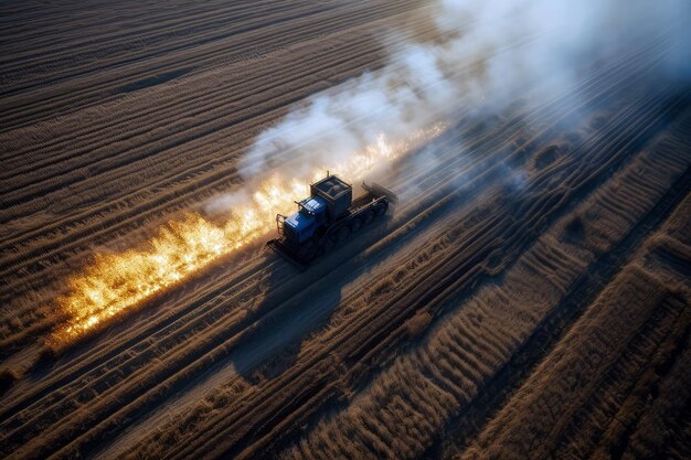 Photo tractor tries to stop and extinguish the fire generative ai