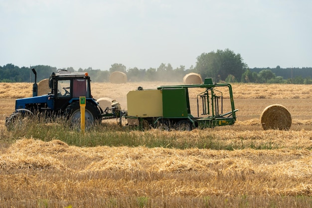 Tractor verzamelt hooibalen in de velden Een tractor met een aanhangwagenbalenpers verzamelt stro en maakt ronde grote balen om te drogen en hooi te vervoeren Een arbeider op een landbouwtractor