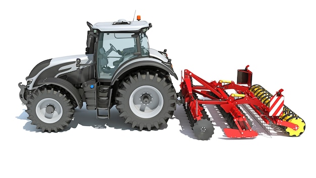 Photo tractor with trailed disc harrow farm equipment 3d rendering on white background