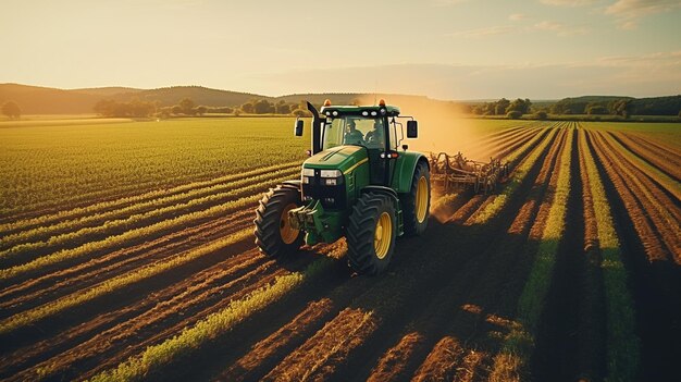 写真 夕暮れの日にプランテーションで働くトラクター