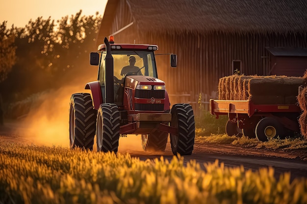 Tractor works on farm wheat fields during sunset modern agricultural transport