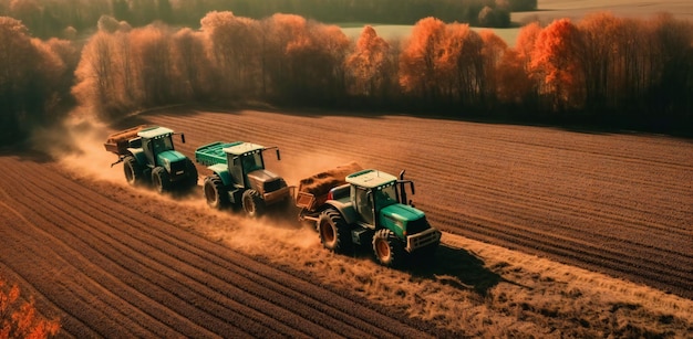 Tractoren oogsten 's middags dichtbij het bos