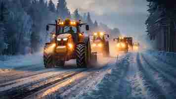 Photo tractors driving on a road in a line concept agriculture tractors farming country living rural life