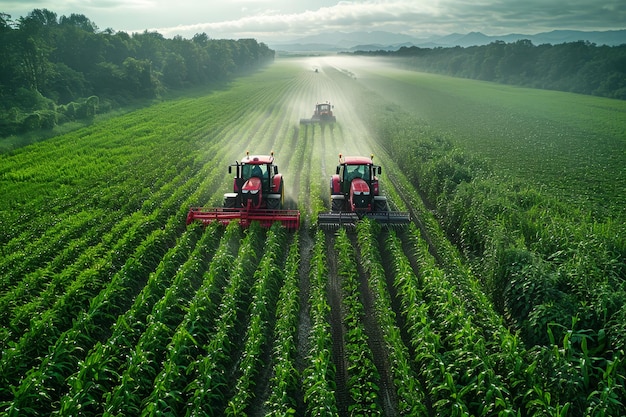 Photo tractors spraying field a two tractors working in the field