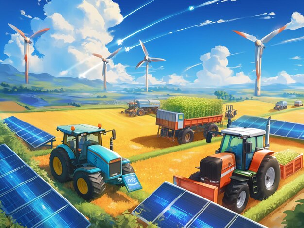 트랙터는 태양 전지판과 풍력 터빈 사이에서 지속 가능한 에너지 효율적인 농업 환경에서 일합니다.