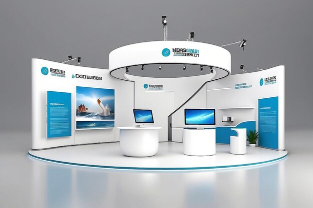 Trade exhibition stand exhibition round 3d rendering visualization of exhibition equipment advertising space on a white background