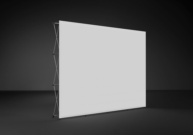 Photo trade exhibition stand wall banner 3d rendering visualization of exhibition product advertising wall rendered on a dark studio background with copy space