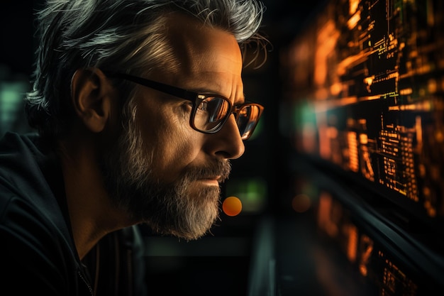 trader analyst wearing eyeglasses working at computer screen reflecting in glasses
