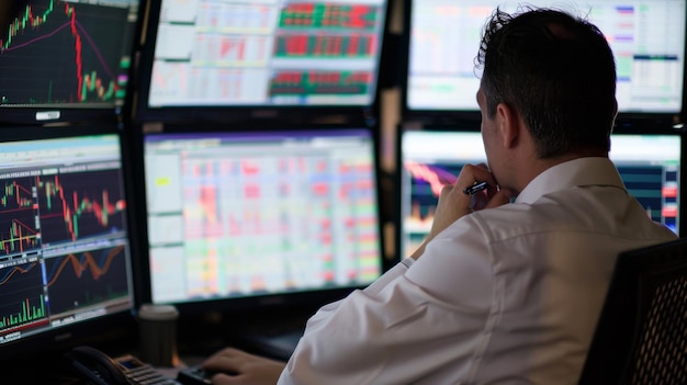 A trader analyzing stock charts and financial data on multiple computer screens illustrating the intensity and focus of professional stock trading