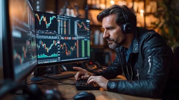 Trader Analyzing Stock Market Charts on Monitors