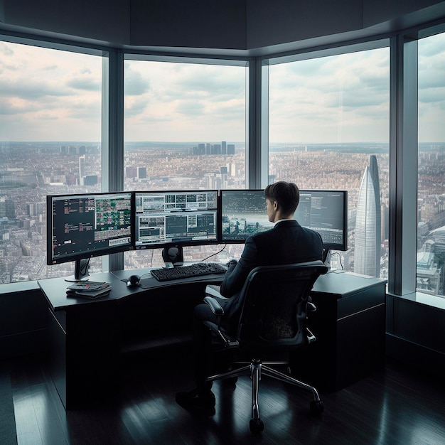 Trader in front of monitors in a skyscraper overlooking the city