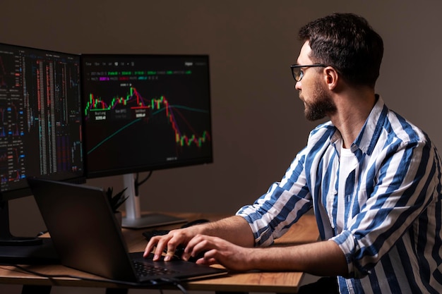 Trader looking at computer monitor working online with crypto chart sitting in modern office