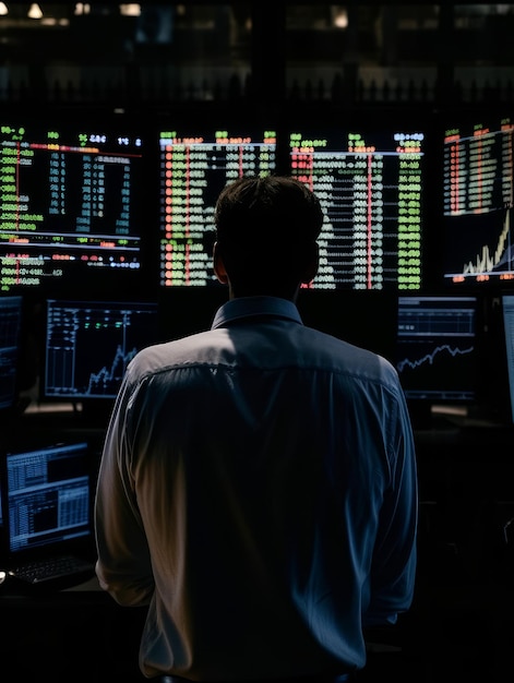 Trader male standing with monitors Business broker working with money technologies Generative AI