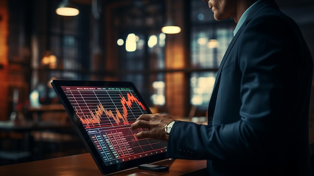 Trader trade chart containing stock tablet and market economy graph statistics Generative AI