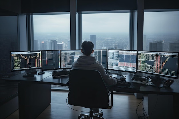 Trader at workplace analising stock exchange graphs Generative AI