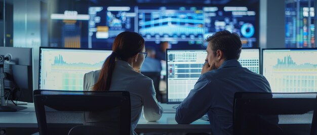 Traders meet in a modern monitoring office with analytics displayed on a large digital screen Brokers and finance specialists are sitting at computers Colleagues converse