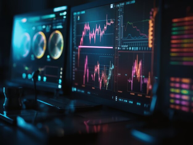 Traders workplace Financial instruments with various type of indicators on screens Created with Generative AI technology