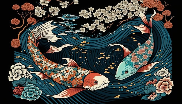 Tradicional Japanese Pattern with Fishes and Cherry Blossoms. AI generative.