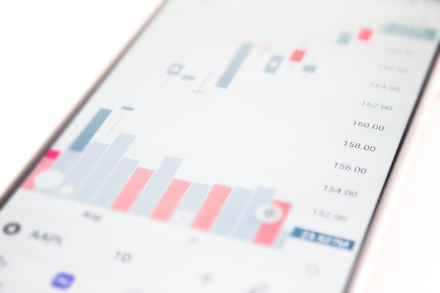 스마트 폰의 증권 거래소에서 흐릿한 거래 Costprice 주식 환율 증권 스마트 폰 흰색 배경