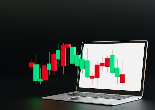 Торговая диаграмма и ноутбук на черном фоне и место для копирования текста Торговый ПК Компьютер Купить Продать на фондовом рынке Торговля работой трейдера из дома Инвестиционное финансирование и анализ 3D рендеринг