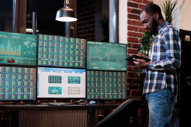 Trading company investor using modern tablet device to analyse risk free stock options while in office. African american hedge fund trader in agency workspace having touchscreen device.