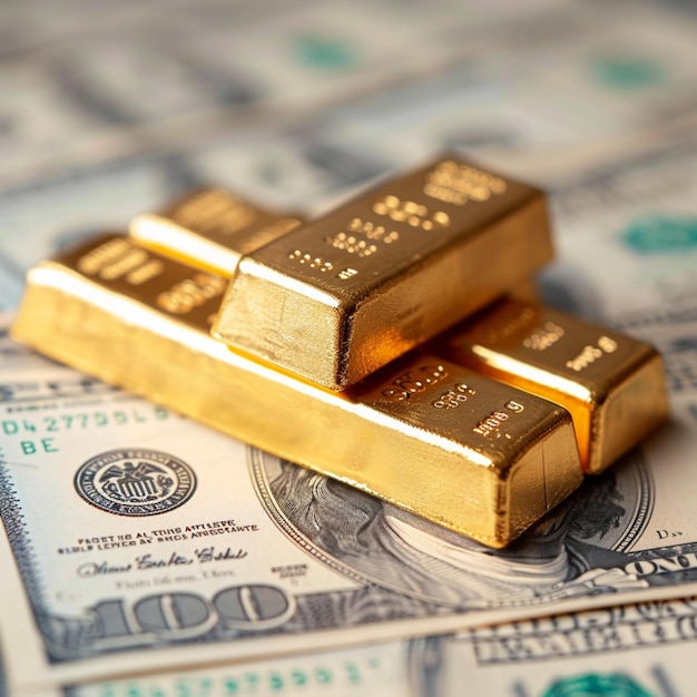 Trading currency Gold bars on US dollar banknotes for investment For Social Media Post Size