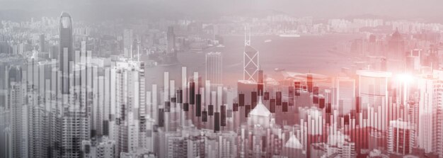 Trading investment chart graph city skyline view double exposure website panoramic header banner