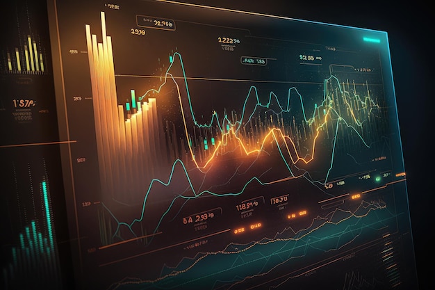 Финансовые графики торгового рынка и диаграмма светящихся линий на цифровой нейронной сети, созданной искусственным интеллектом