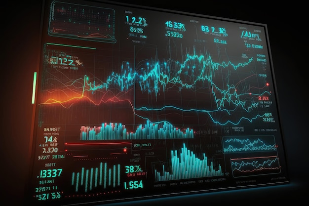 Trading market financial graphs and glowing lines diagram on digital neural network AI generated art