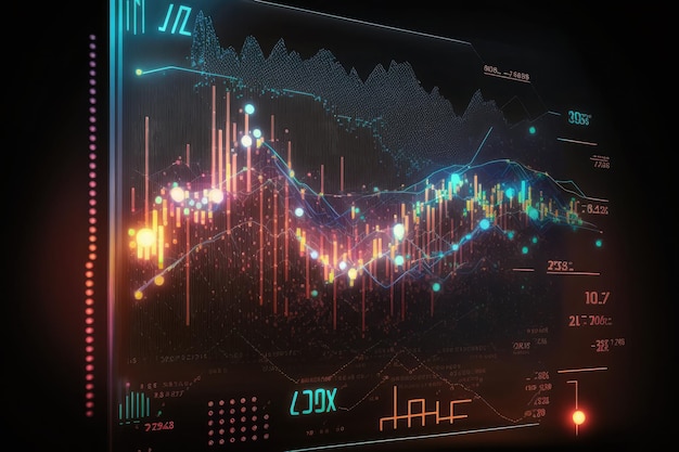 Trading market financial graphs and glowing lines diagram on digital neural network AI generated art