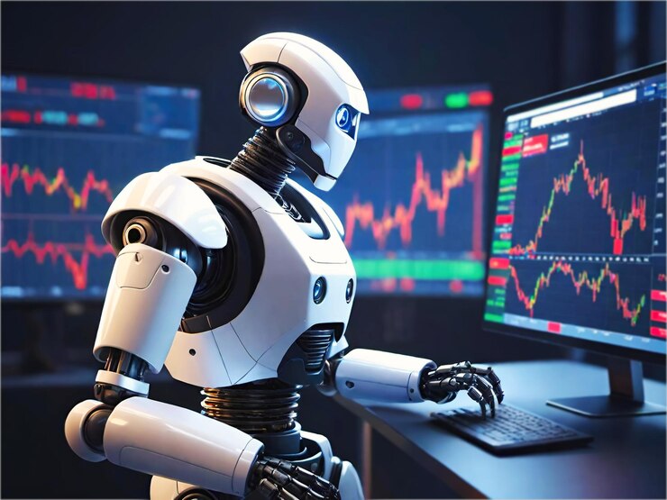 Premium Photo | Trading robot looking at stock market price charts on