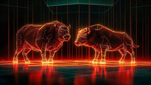 Trading with stock charts and a bull and two small bears