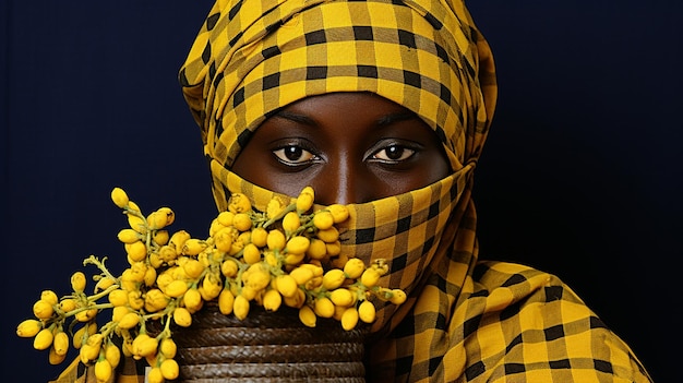 Foto traditie en culturele diversiteit in een portret van een vrouw in geel professionele ai kunst