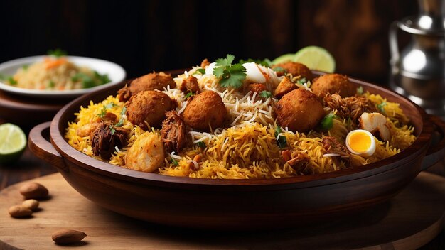 traditie en moderniteit als Hyderabad Biryani wordt gepresenteerd op een hedendaagse houten tafel naadloos